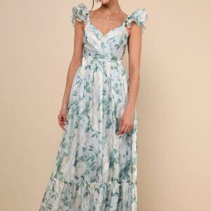 Lulus Soiree Perfection Light Blue Floral Ruffled Tiered Maxi Dress - Size XL